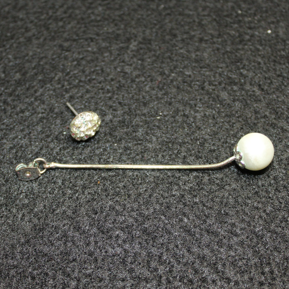 Vintage Pierced Earring Silver Tone Pave Rhinestones Simulated Pearl Dangle Drop - Picture 4 of 6